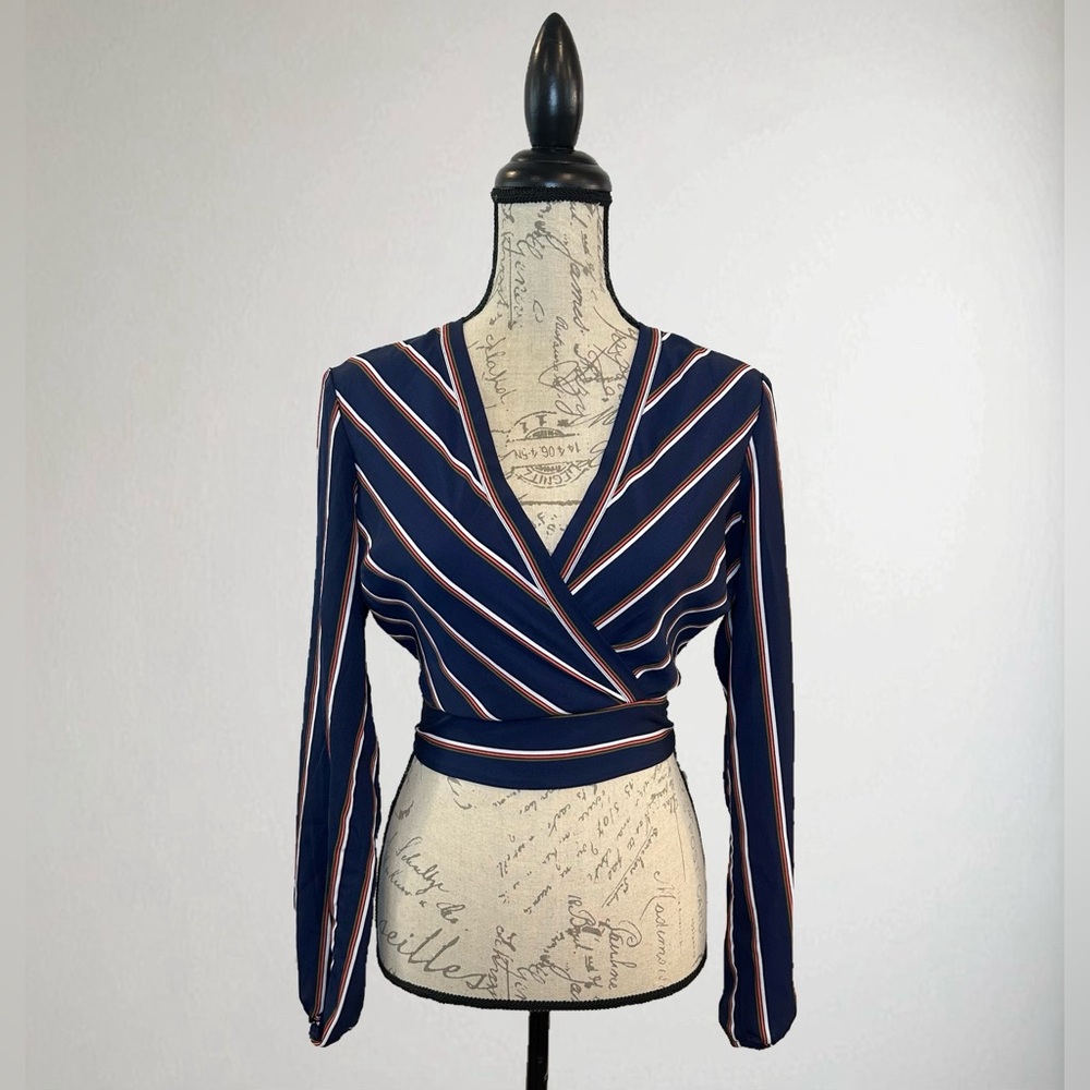 Guess Navy Striped Wrap Blouse